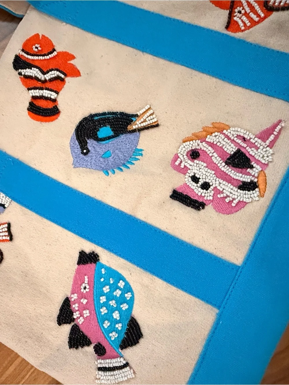 NWT America & Beyond Express Tropical Fish Beaded & Canvas Tote Bag